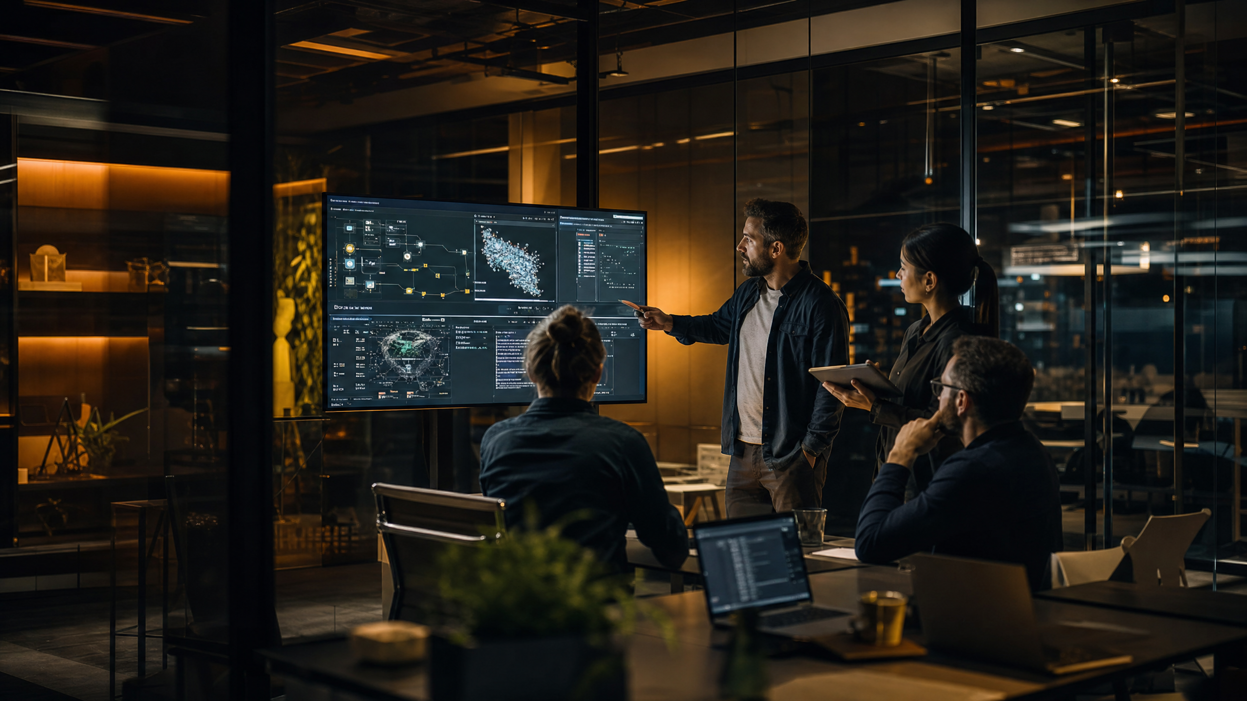 Bridge360 team collaborating on AI revenue automation systems in a modern tech office