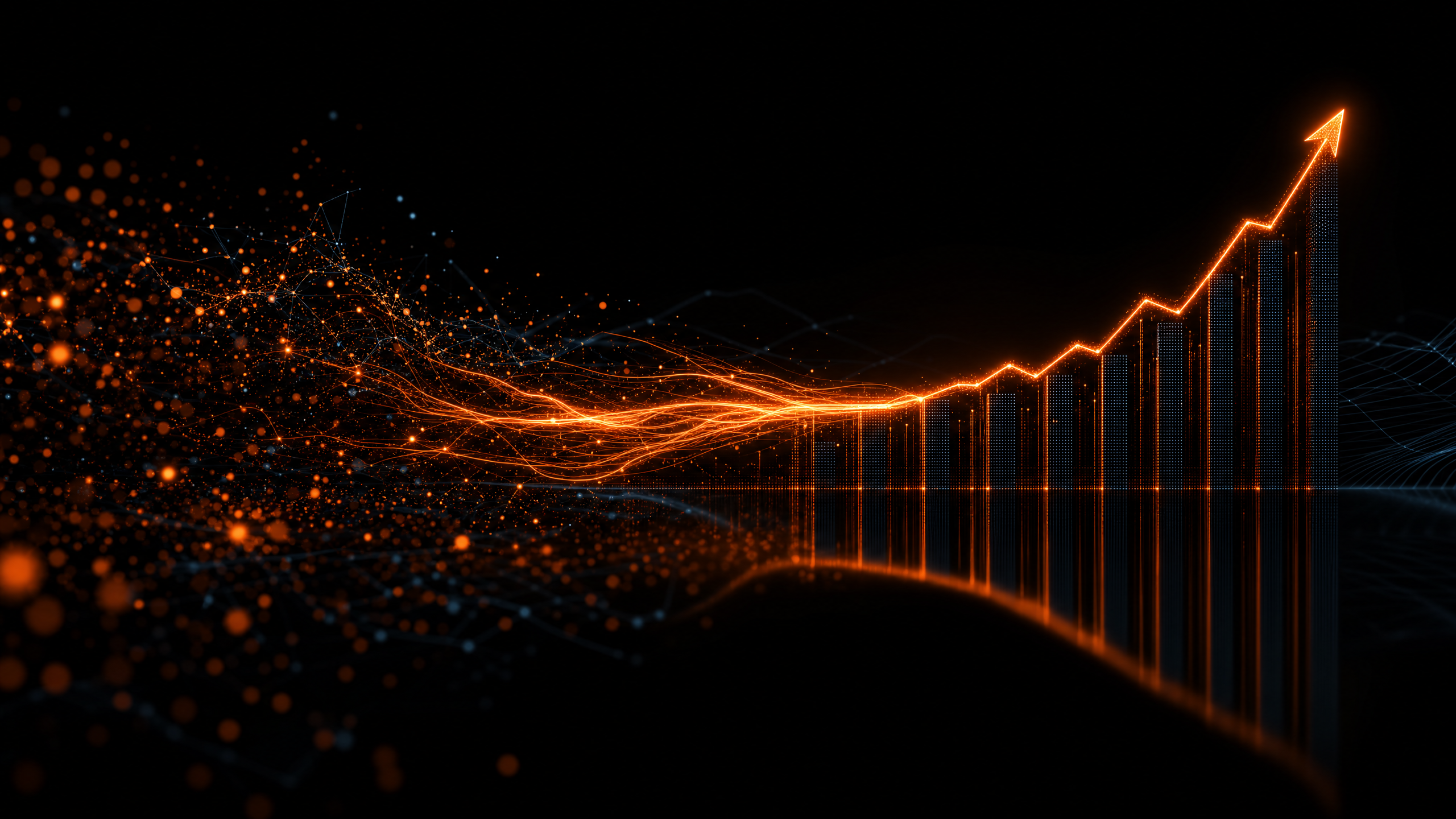 Abstract visualization of AI data streams transforming into revenue growth — representing Bridge360's mission