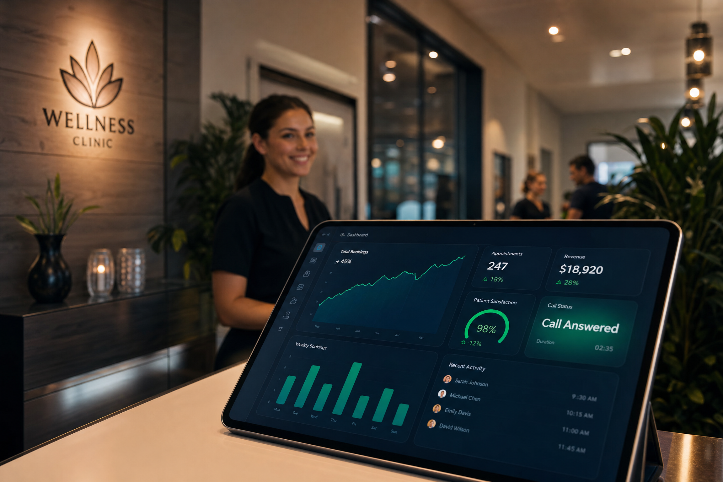 Health and wellness clinic reception with AI dashboard showing booking metrics and call answered status