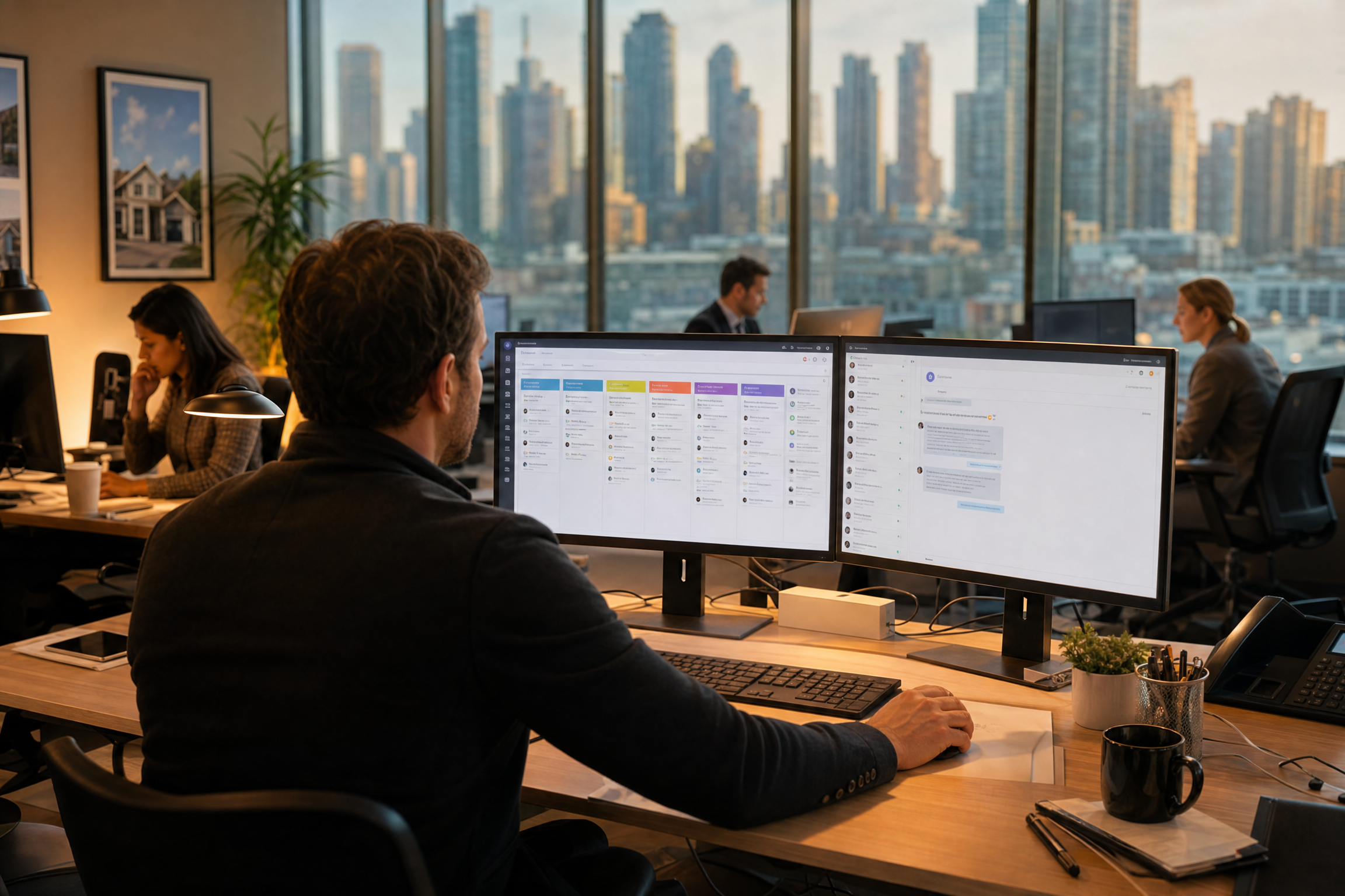 Real estate office with professional reviewing CRM pipeline on dual monitors with city skyline in background