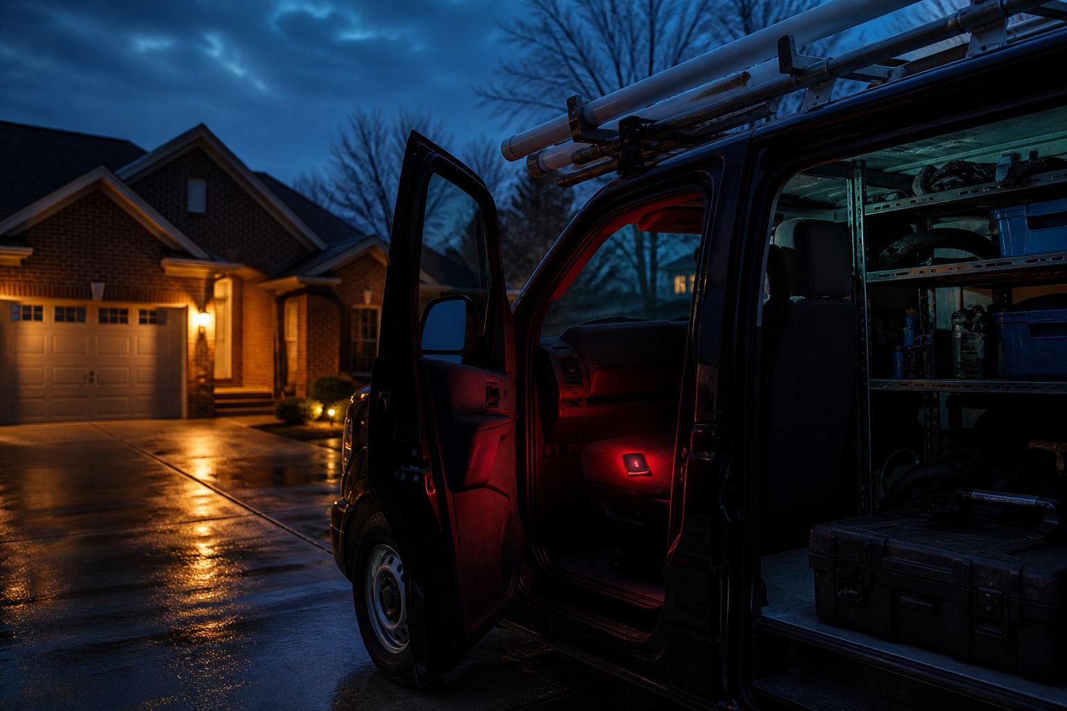Work van at a house at dusk with a missed-call glow on the passenger seat