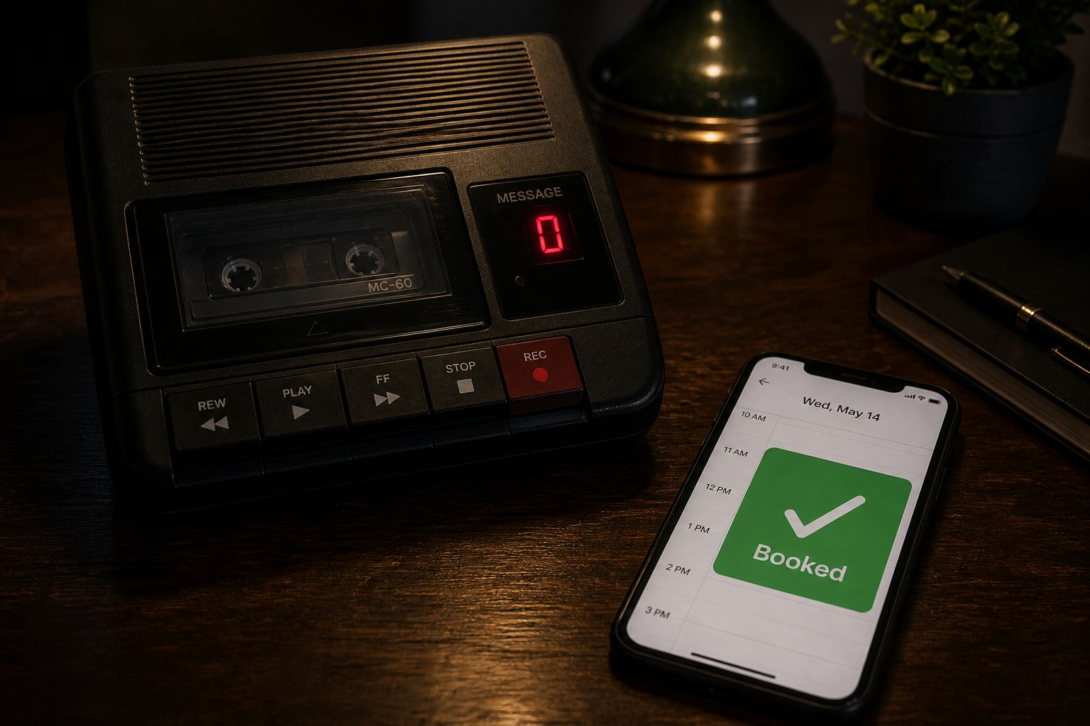 Answering machine showing zero messages next to a phone with a booked calendar